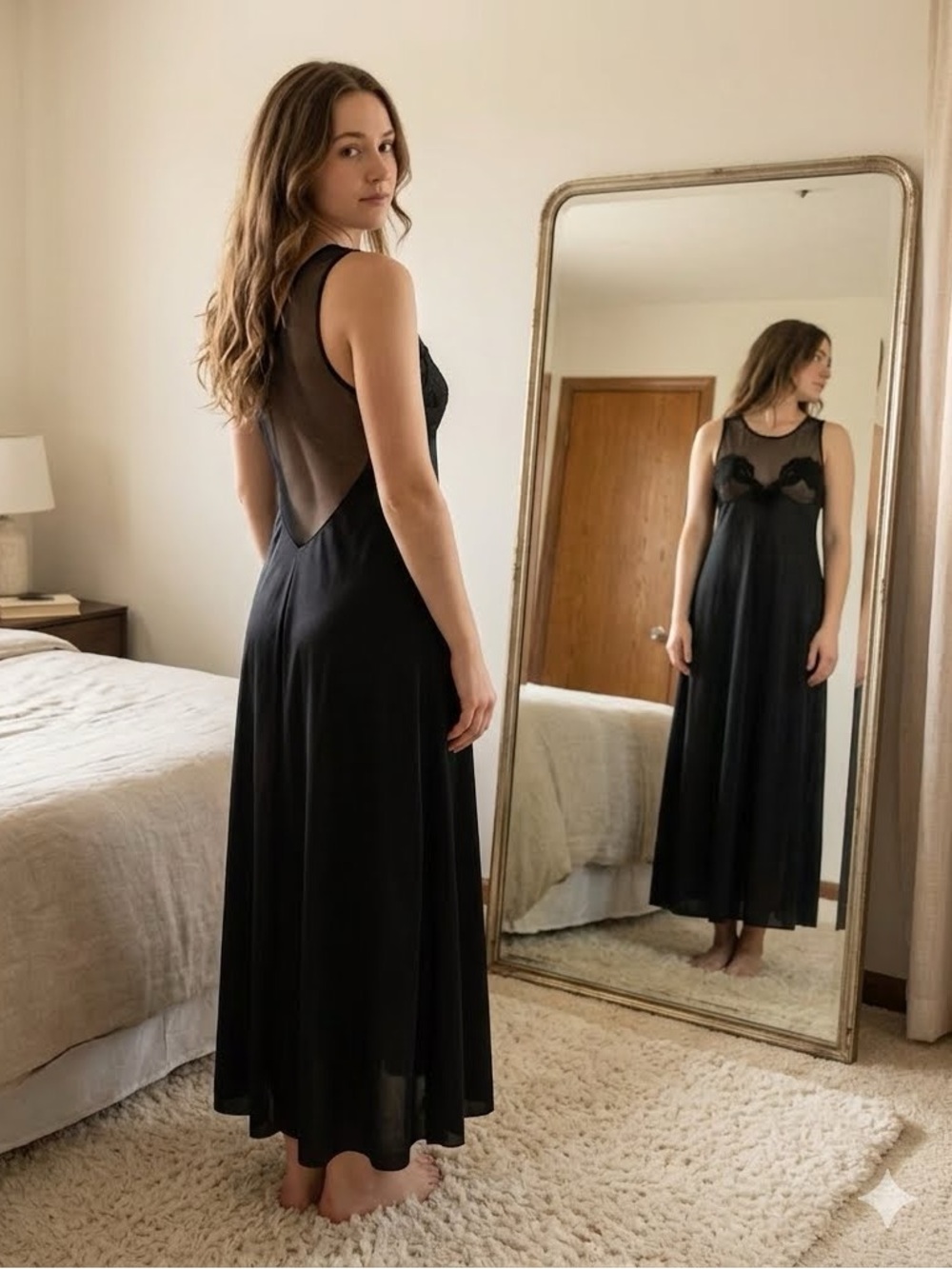 Black Lace Lingerie Nightgown Sheer Illusion & Lace Bodice Elegant Vintage